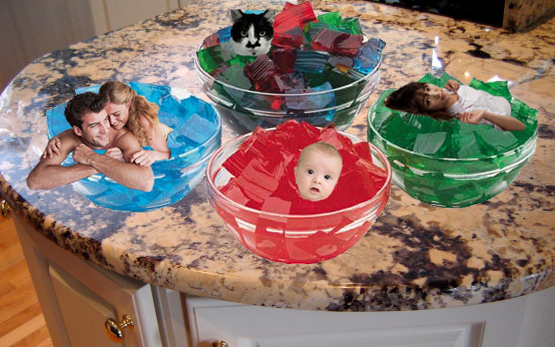 Man woman baby cat in jello