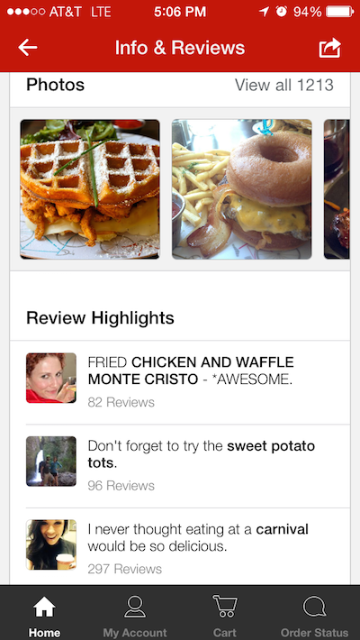 Yelp Review highlights in Eat24 app