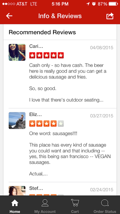 Yelp Recommended Reveiws in Eat24 app