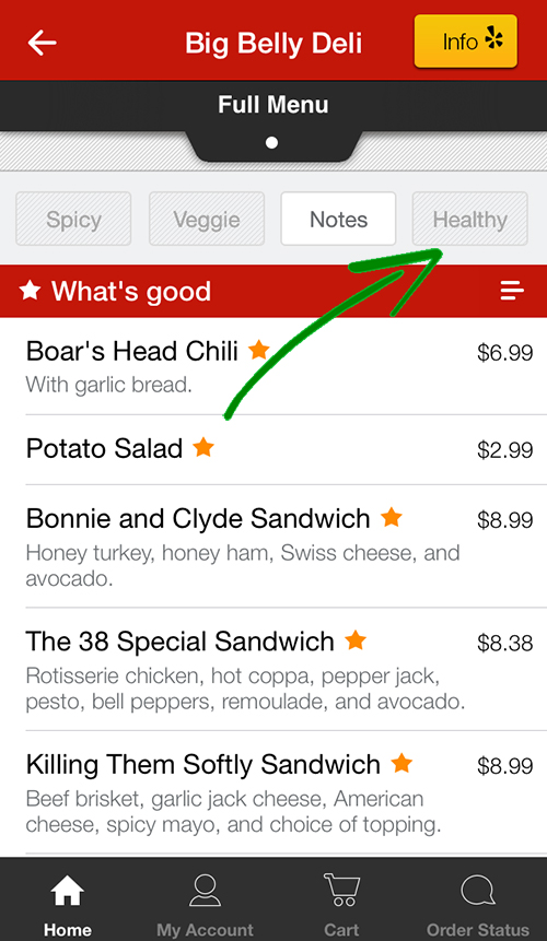 screenshot of eat24 menu filters