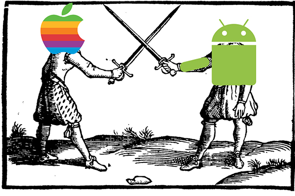 An Apple Logo and an Android logo are fencing