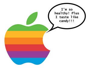 An apple logo saying, "I'm so healthy"